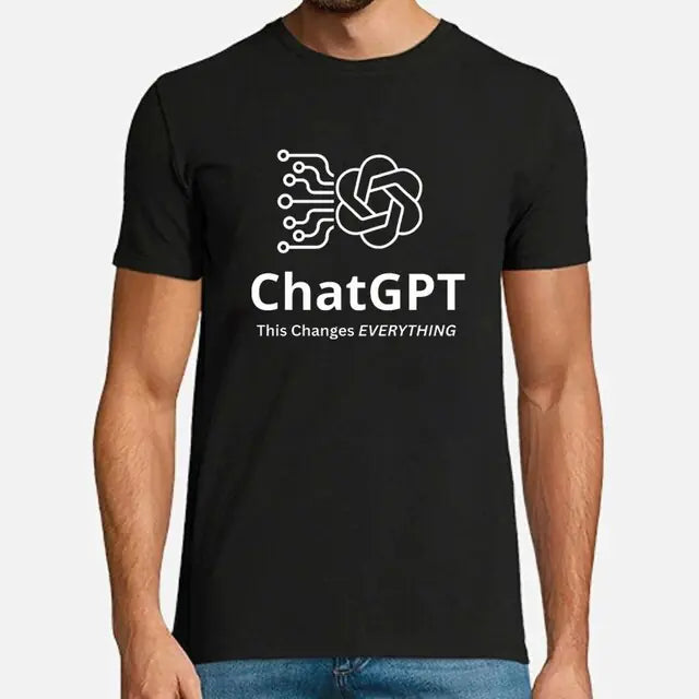 A man wearing a black T-shirt with a white circuit-style ChatGPT logo and the text “ChatGPT” and “This Changes EVERYTHING.