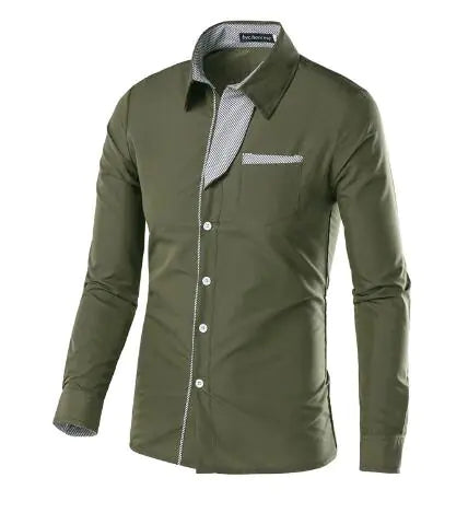 Olive-green long-sleeve button-up dress shirt with a contrasting patterned inner collar and placket, plus a small chest pocket trim, shown on a white background.