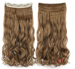 Two long wavy “halo” hair extension pieces in dirty blonde, shown front and back with a clear wire and clip attachments, on a white background with the label “Dirty Blonde.
