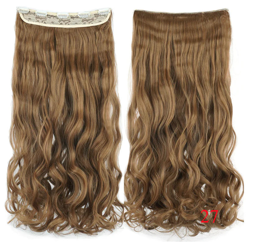 Two long wavy “halo” hair extension pieces in dirty blonde, shown front and back with a clear wire and clip attachments, on a white background with the label “Dirty Blonde.
