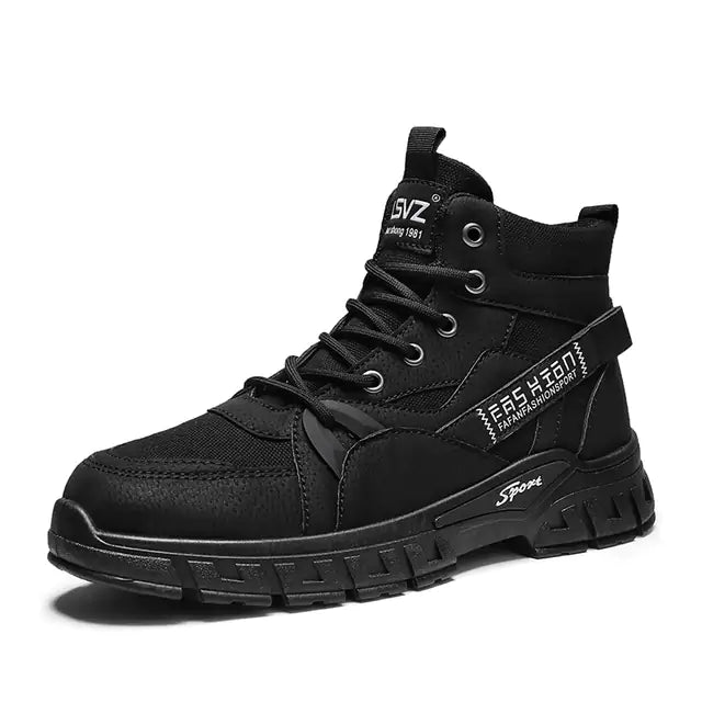 A rugged dark gray high-top sneaker boot with thick treaded sole, lace-up front, mesh and synthetic panels, and white printed text details on the side and tongue, displayed against a plain white background.