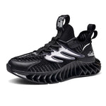 A black futuristic athletic sneaker with a breathable knit upper, lace-up front, and pull tabs on the tongue and heel. It features a silver side cage detail, layered mixed-texture panels, and a bold sculpted sole with deep fin-like ridges for a sleek modern sporty look