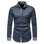 Blue long-sleeve button-up shirt with blue checked collar, cuffs and trim.
