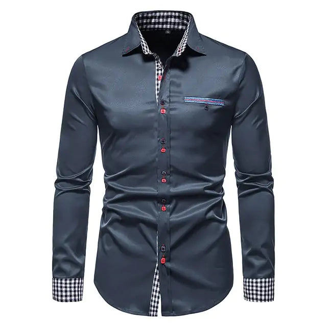 Blue long-sleeve button-up shirt with blue checked collar, cuffs and trim.
