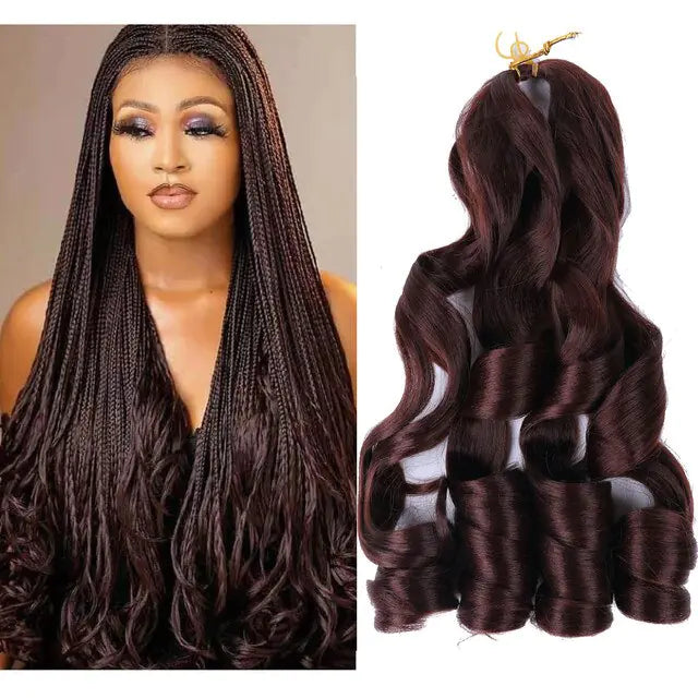 Side-by-side image showing a woman with long dark micro-braids that transition into loose curls, next to a matching bundle of dark wavy hair extensions with curled ends on a white background.