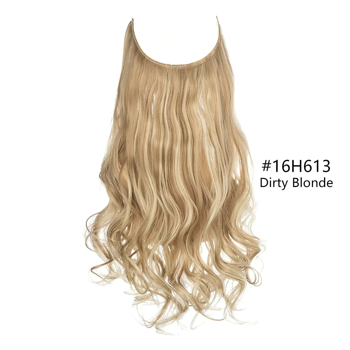 A product photo of a U-shaped “halo”/wire hair extension piece. The hair is long with loose waves and curls toward the ends. The color is a multi-tonal dirty blonde with darker, slightly ashy roots blending into lighter blonde lengths. Text on the right reads “#16H613 Dirty Blonde