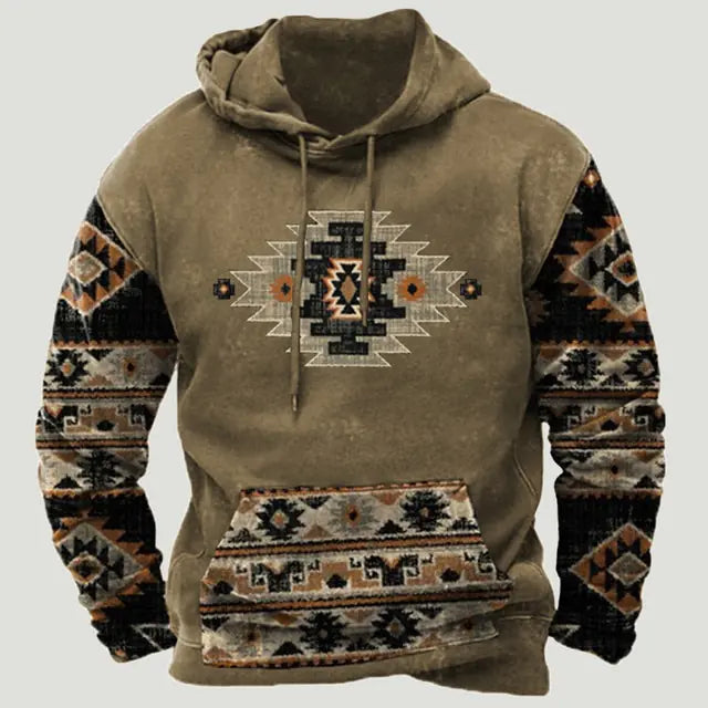 A brown pullover hoodie with a rustic southwestern-inspired design, featuring a drawstring hood, large front kangaroo pocket, and bold geometric tribal-style patterns on the sleeves and pocket. The chest has a central embroidered-style motif in black, cream, and orange, giving the hoodie a cozy, vintage outdoor look against a plain light background.