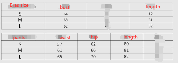 Women's Yoga Clothing Set Size Chart
