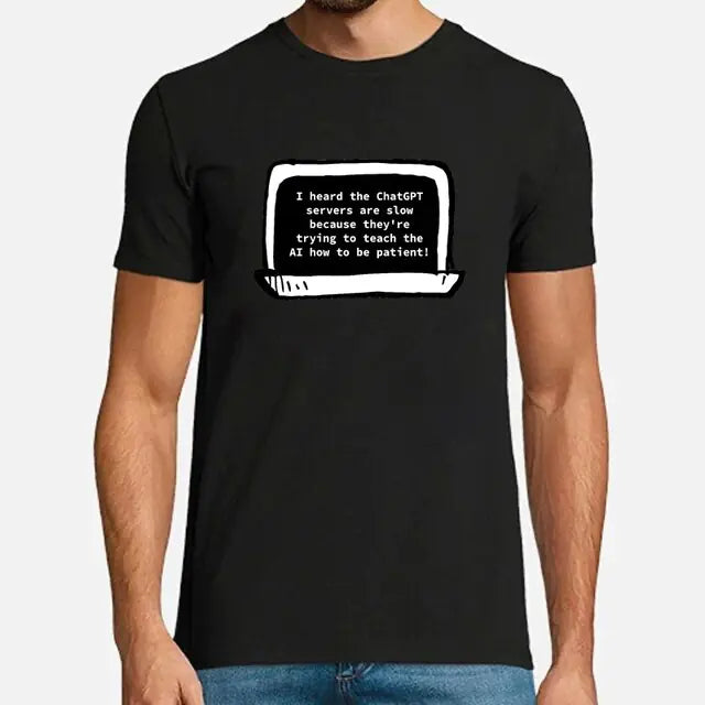 Black short-sleeve T-shirt featuring a white laptop graphic on the chest with humorous text about ChatGPT servers and patience.