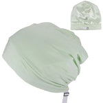 Light mint-green satin bonnet with an adjustable strap, shown on a white background with a small inset view of the bonnet from another angle.