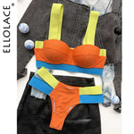 Flat-lay of a color-block bikini set with an orange underwire top and matching bottoms, featuring neon yellow straps and blue band accents, shown on clothing with “ELLOLACE” branding on the side.