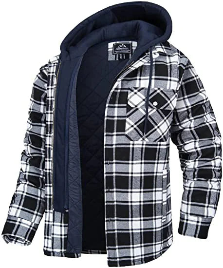 A men's blue and black plaid flannel jacket with a quilted inner lining and an attached black hood. The jacket features a button-up front with snap closures, a zippered interior, and a single chest pocket with a buttoned flap. The thick, insulated design makes it suitable for cold weather