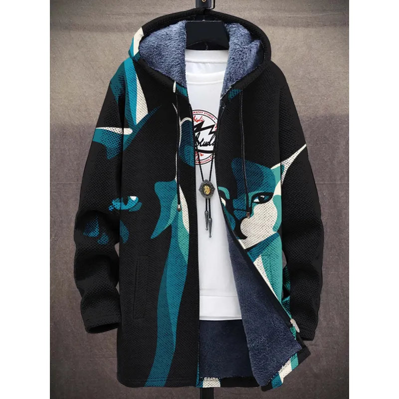 A stylish fleece-lined hoodie with a black base and an abstract cat design in shades of teal, white, and dark blue. The artwork features bold, geometric shapes forming the cat's face and eyes, creating a modern and artistic aesthetic. The interior is lined with plush, deep blue fabric for added warmth and comfort.