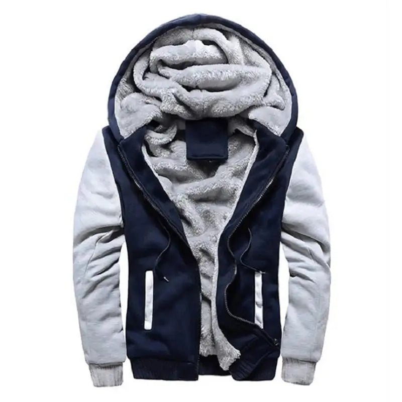 Navy and gray hooded jacket with a plush fleece lining, zip front, and white-trimmed pockets, shown on a white background.