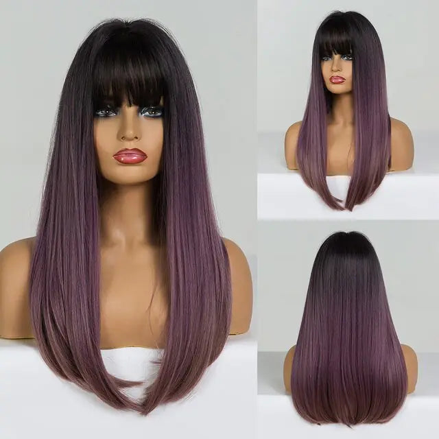 Long straight auburn brown wig with full fringe, shown on a mannequin head from front, side, and back views, with smooth natural-looking length and finish.
