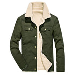 Dark olive-green jacket with a cream sherpa lining and wide sherpa collar, featuring snap-button front and two buttoned chest pockets, shown on a white background.