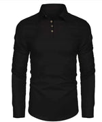 A sleek black long-sleeve polo shirt with a slim-fit design. It features a classic collar and a three-button placket with dark buttons. The fabric appears soft and slightly stretchy, making it a stylish and versatile choice for both casual and semi-formal occasions.