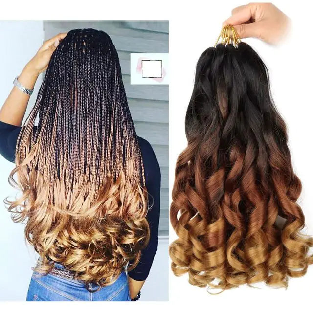 Side-by-side photo of long black-to-honey-blonde ombré hair: left shows small braids that transition into loose curled ends, and right shows a matching curly extension bundle held by a hand.