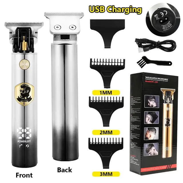 Product collage of a rechargeable hair trimmer showing front and back views, labeled “USB Charging,” with three clipper guards (1mm, 2mm, 3mm), a USB cable, cleaning brush, oil bottle, blade cover, and the retail box on a white background.