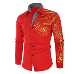 Red long-sleeve shirt with gold print.
