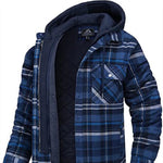 A men's blue and black plaid flannel jacket with a quilted inner lining and an attached black hood. The jacket features a button-up front with snap closures, a zippered interior, and a single chest pocket with a buttoned flap. The thick, insulated design makes it suitable for cold weather