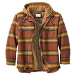 Men’s brown striped hooded jacket with quilted lining.
