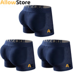 Three-pack navy men’s boxer briefs with breathable dotted panels, textured front support and elastic waistbands.
