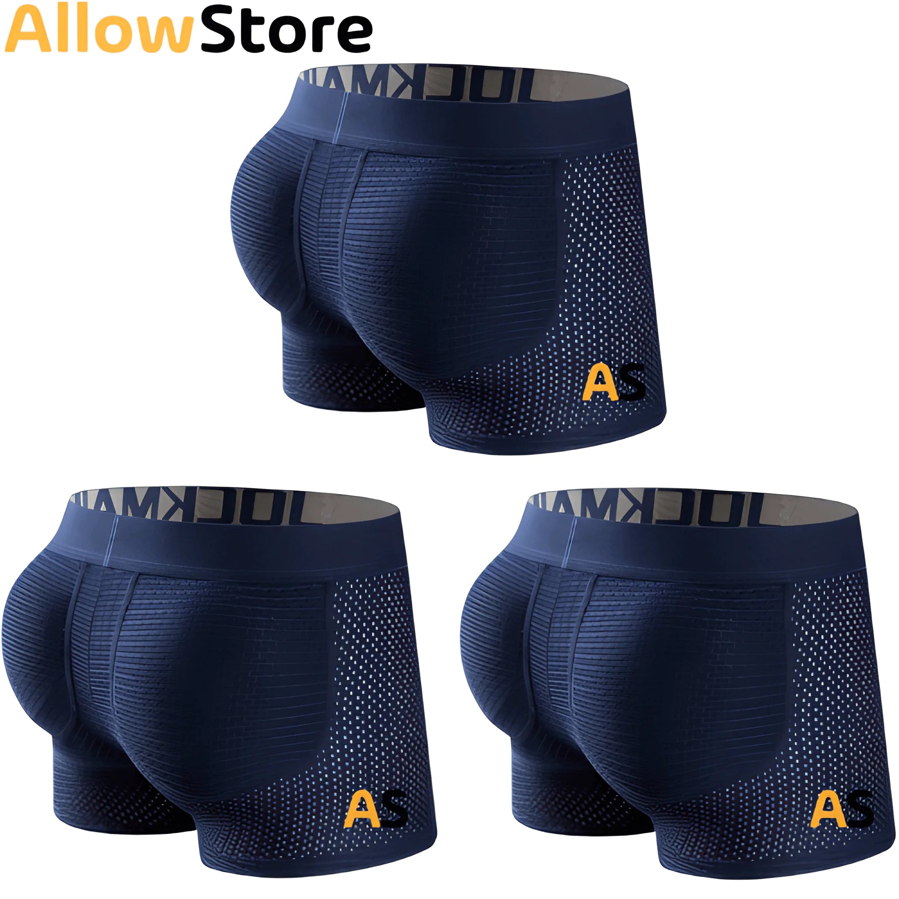 Three-pack navy men’s boxer briefs with breathable dotted panels, textured front support and elastic waistbands.
