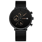 The image features a stylish black wristwatch with a mesh band, showcasing a sleek and modern design. It has three smaller dials for seconds, minutes, and fractions of seconds, with the brand "Yolako" visible on the watch face. The dial is predominantly black with rose gold accents for the hands and markers, and a date display at the 3 o'clock position.