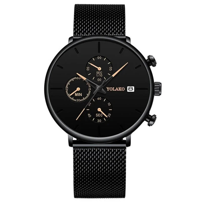 The image features a stylish black wristwatch with a mesh band, showcasing a sleek and modern design. It has three smaller dials for seconds, minutes, and fractions of seconds, with the brand "Yolako" visible on the watch face. The dial is predominantly black with rose gold accents for the hands and markers, and a date display at the 3 o'clock position.