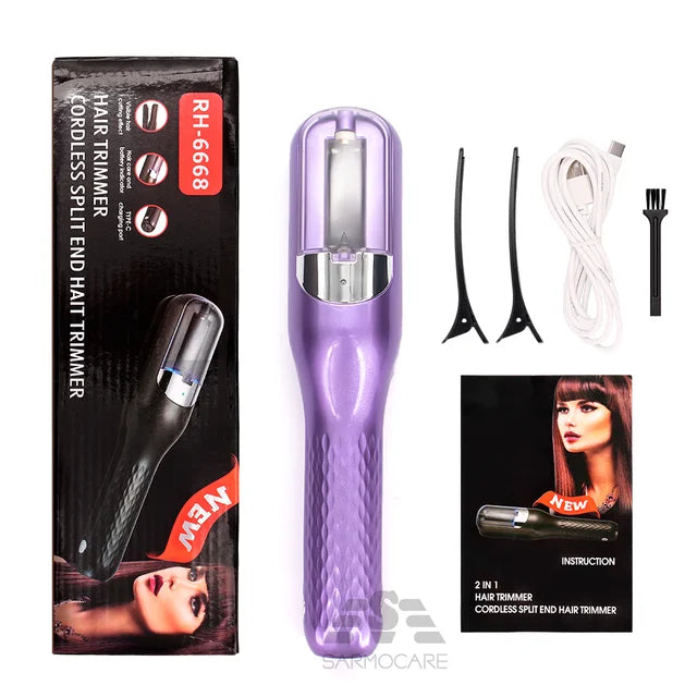 A product flat-lay showing a purple cordless split-end hair trimmer (model RH-6668) with its retail box, two black hair sectioning clips, a white USB charging cable, a small black cleaning brush, and an instruction booklet (labeled “2 in 1 Hair Trimmer / Cordless Split End Hair Trimmer”