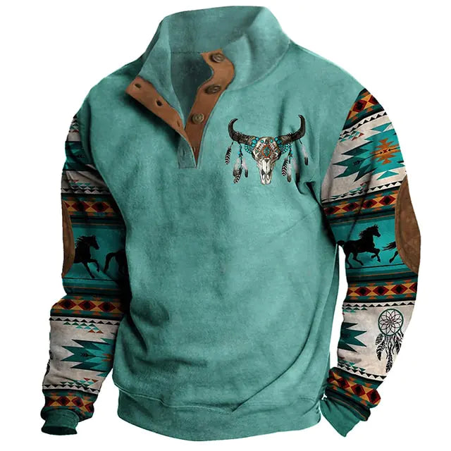 Turquoise quarter-button sweatshirt with Western print sleeves, horse silhouettes, and a bull skull chest graphic.