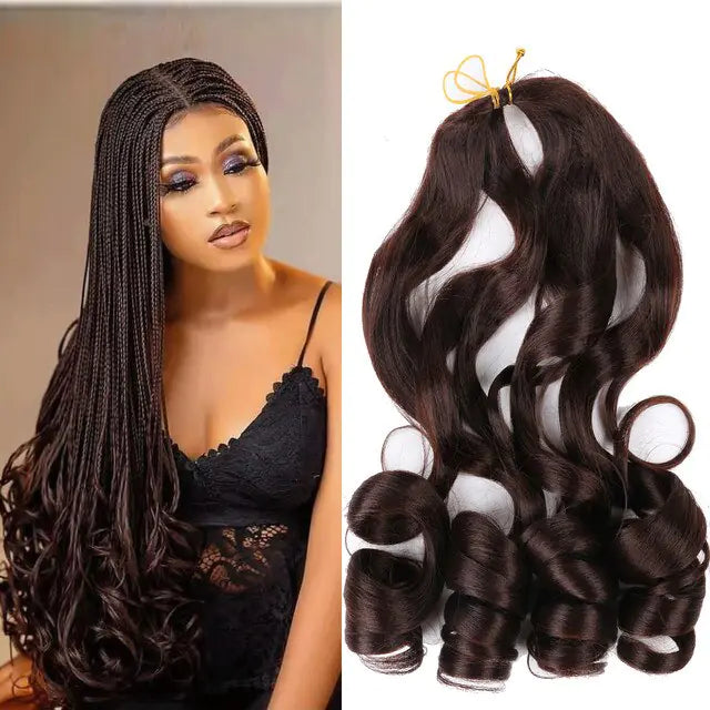 Split image showing a woman with long micro-braids that transition into large loose curls, alongside a matching bundle of dark wavy/curly braid hair extensions on a white background.