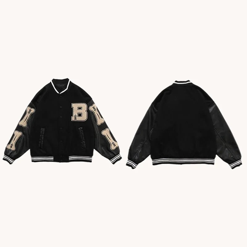 Black varsity jacket shown from front and back, featuring beige “B” chest patch and beige sleeve graphics, on a light background.