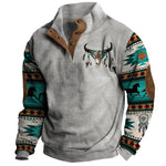 Grey Western print pullover with patterned sleeves.