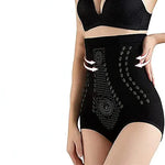 Black high-waisted shapewear briefs shown on a model, with dotted contour panels and arrows indicating tummy control.