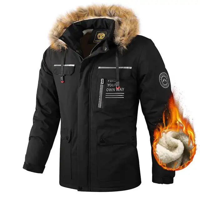 A stylish maroon winter jacket with a fur-lined hood, multiple zippered pockets, and the text "Find Your Own Way" on the chest. The jacket has a thick insulated lining, highlighted by a flame graphic emphasizing warmth and heat retention. Designed for cold weather and outdoor wear.