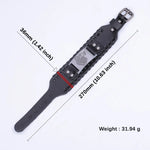 Black leather wristband bracelet with metal buckle and decorative center plate, shown with size measurements and weight.