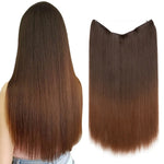 Side-by-side image showing long, straight chestnut-brown hair on a person (back view) and a matching straight clip-in hair extension weft on a white background.