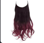 Long, wavy black hair extension with burgundy ombré ends shown against a white background.