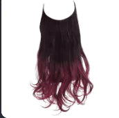 Long, wavy black hair extension with burgundy ombré ends shown against a white background.