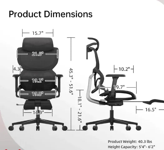 Ergonomic chair with dimensions labeled on a white background