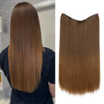 The image shows a person with straight, medium-length brown hair on the left, and a set of matching hair extensions on the right.