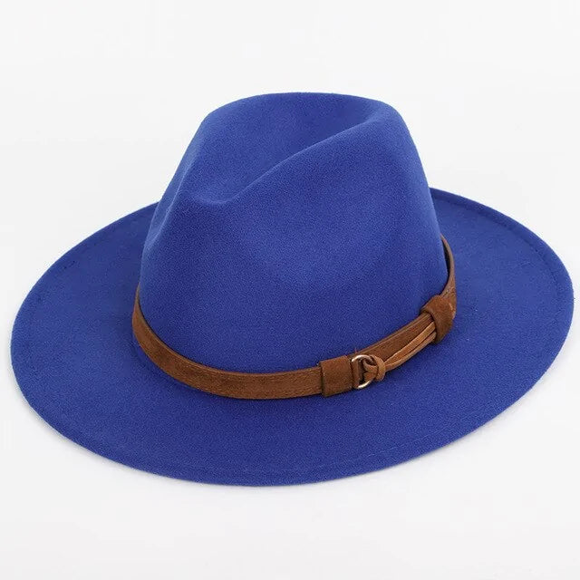 Blue wide-brim fedora hat with brown band.