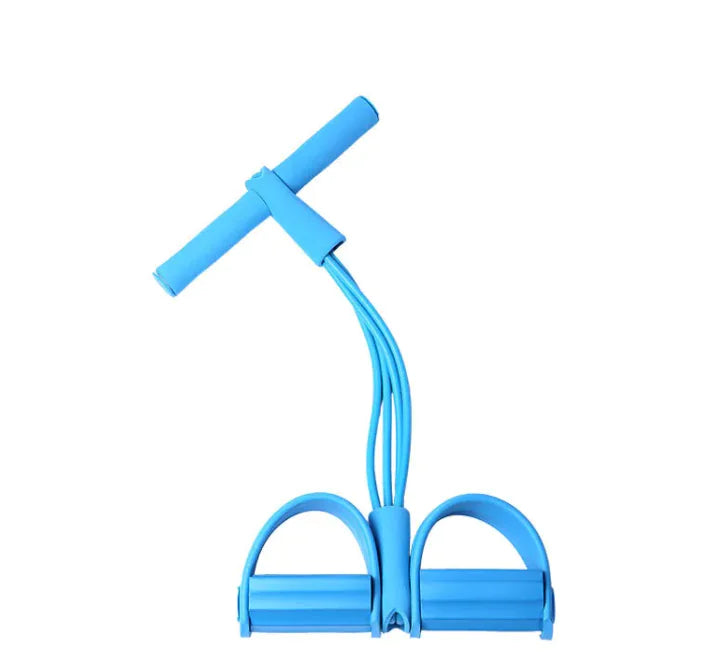 Blue resistance band exerciser with foam-covered handlebar and dual foot pedals, connected by four elastic tubes. Designed for home workouts, stretching, or strength training. Displayed against a white background.