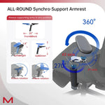 Illustration of an office chair with synchro-support armrest features on a white background.