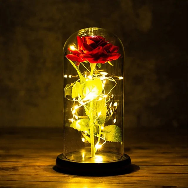 Red rose inside a clear glass dome on a black base, wrapped with warm white fairy lights, sitting on a wooden surface against a dark background.