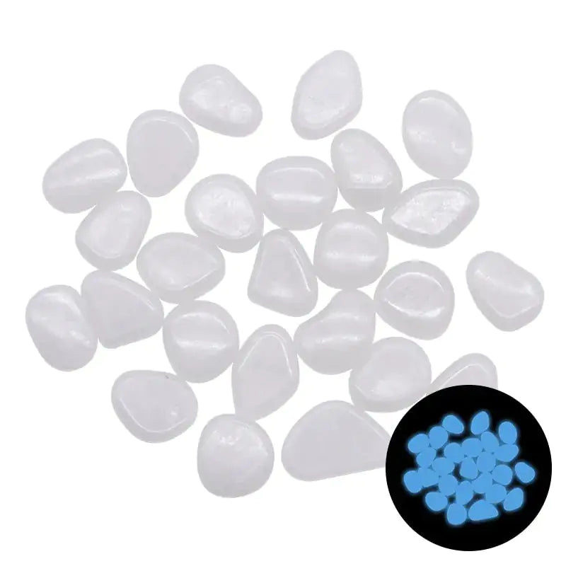 Pile of small glow-in-the-white pebbles on a white background, with a circular inset showing them glowing.