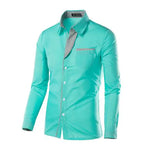 Turquoise long-sleeve button-up dress shirt with a chest pocket and contrasting patterned trim on the inner collar, placket, and cuffs, shown on a white background.