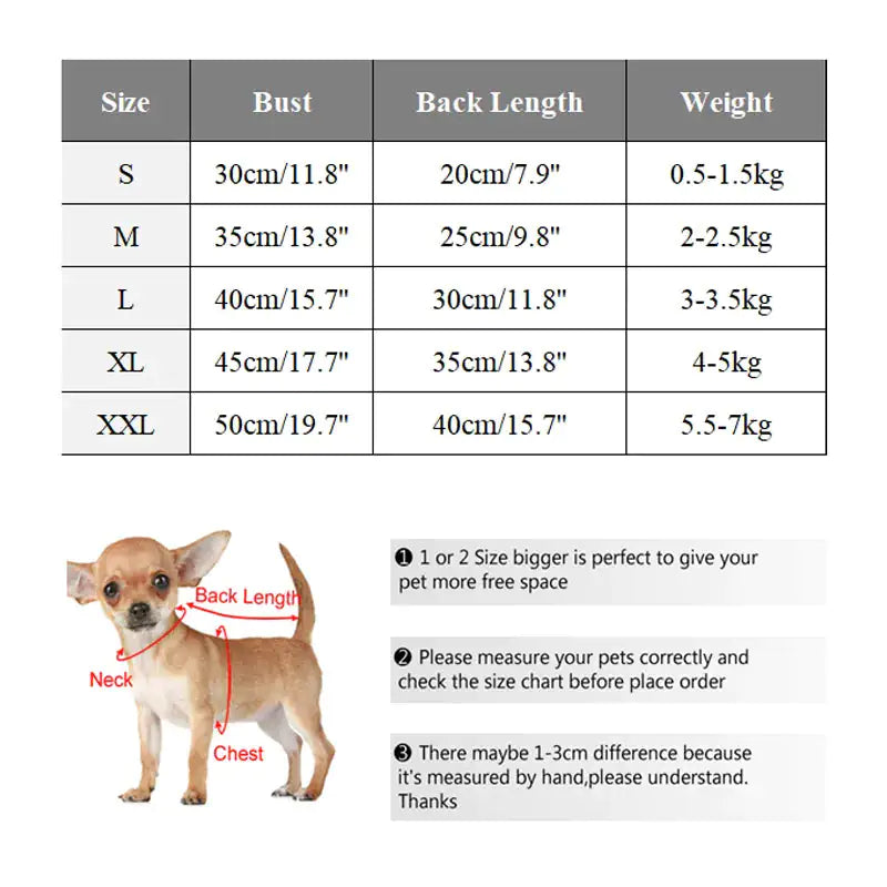 Dogs Plush Winter Sweater Jumper Size Chart